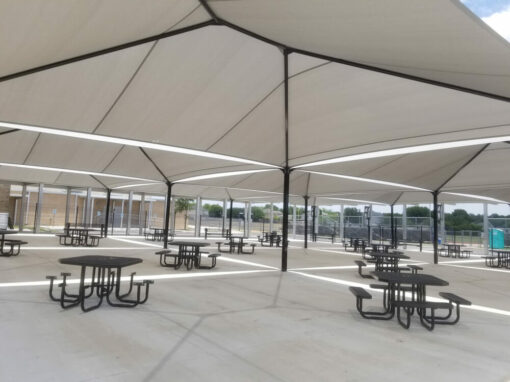 Interlocking shade structures over the outdoor cafeteria at Frank J. Dobie Junior High in Cibolo, TX Interlocking shade structures over the outdoor cafeteria at Frank J. Dobie Junior High in Cibolo, TX