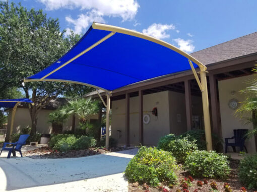 Curved cantilever pool shade at The Arbor at Sonoma Ranch in Helotes, TX Curved cantilever pool shade at The Arbor at Sonoma Ranch in Helotes, TX